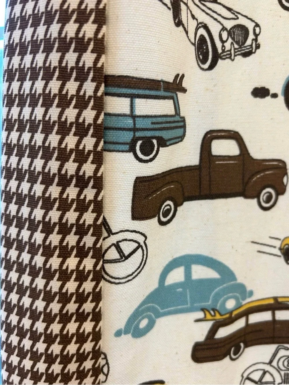 84” Custom Made Printed Car Pattern Window Curtain Panels in Teal and Cream
